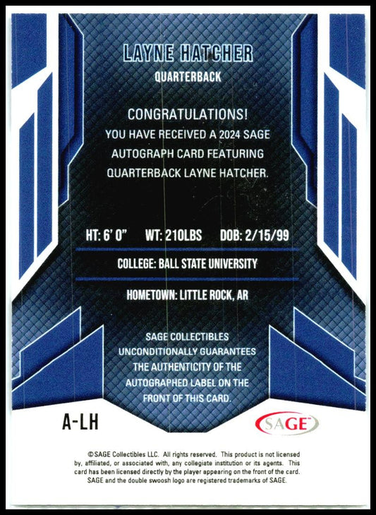 2024 SAGE HIT Autographs Silver #A-LH Layne Hatcher Auto Ball State Cardinals