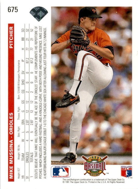 1992 Upper Deck #675 Mike Mussina Baltimore Orioles