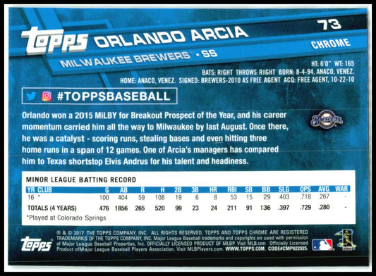 2017 Topps Chrome #73 Orlando Arcia Rookie Milwaukee Brewers