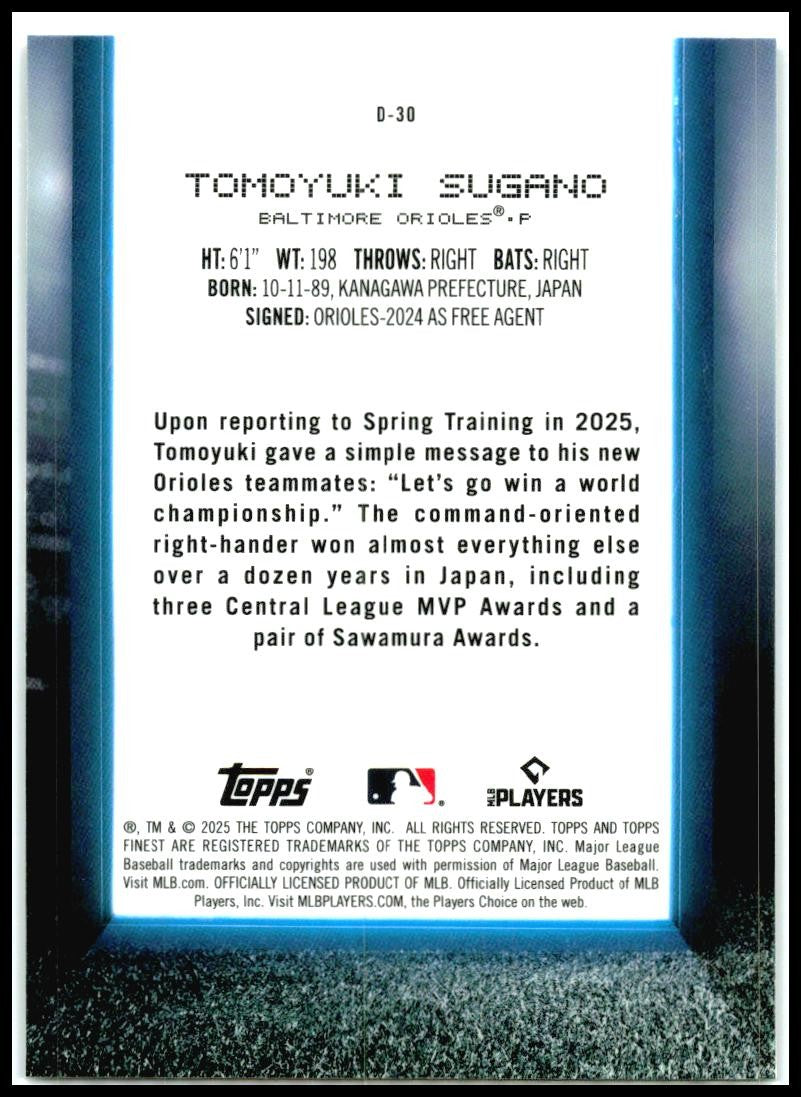 2025 Topps Finest Debut #D-30 Tomoyuki Sugano Rookie Orioles