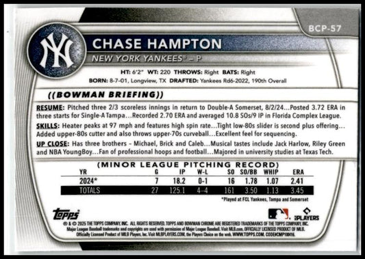 2025 Bowman Chrome #BCP-57 Chase Hampton Yankees