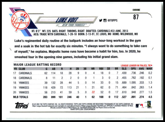 2021 Topps Chrome #87 Luke Voit New York Yankees