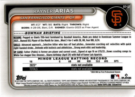 2024 Bowman Chrome Green #BCP-127 Rayner Arias San Francisco Giants