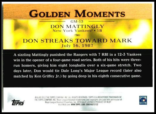 2012 Topps Golden Moments (Series 1) #GM-13 Don Mattingly New York Yankees