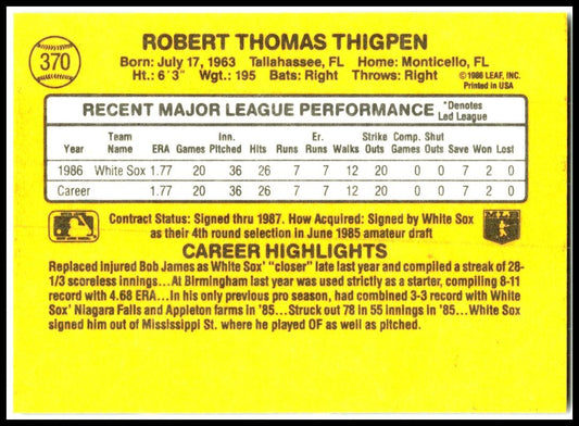 1987 Donruss #370 Bobby Thigpen Rookie Chicago White Sox