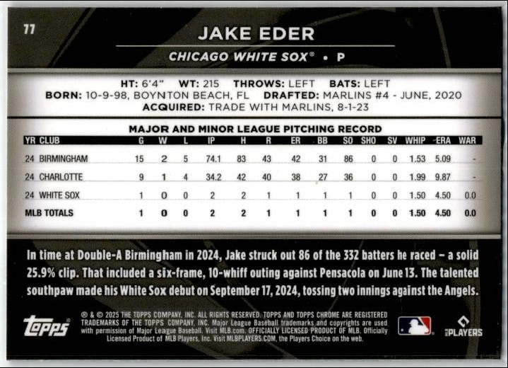 2025 Topps Chrome Black #77 Jake Eder Rookie Chicago White Sox
