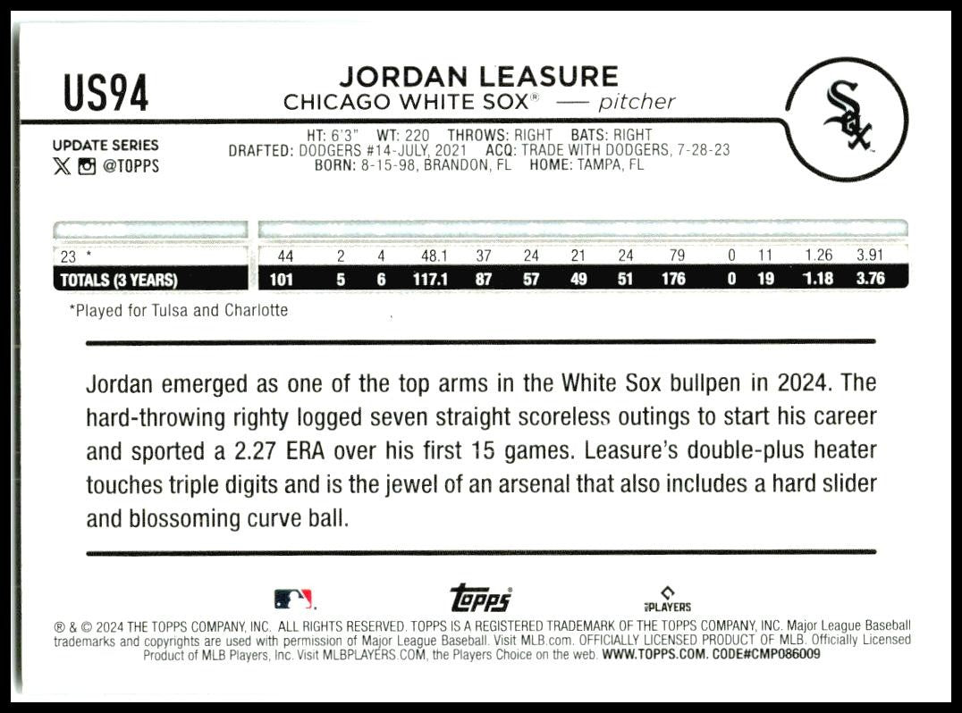 2024 Topps Update #US94 Jordan Leasure Rookie Chicago White Sox