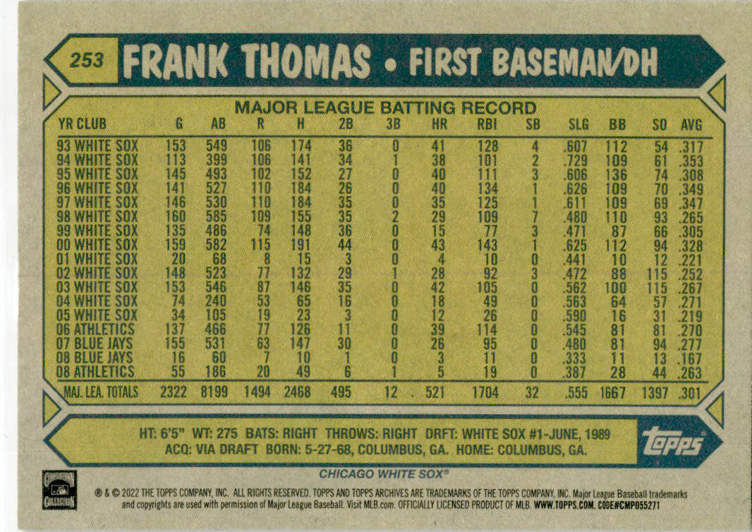 2022 Topps #T87-7 Frank Thomas Chicago White Sox