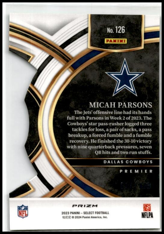 2023 Panini Select Neon Green Prizms Die Cuts #126 Micah Parsons Dallas Cowboys