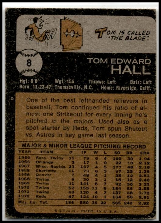 1973 Topps #8 Tom Hall Cincinnati Reds