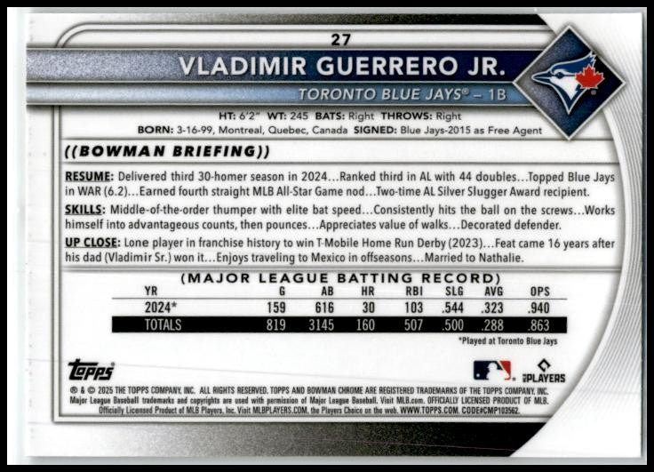 2025 Bowman Chrome Mojo #27 Vladimir Guerrero Jr. Toronto Blue Jays