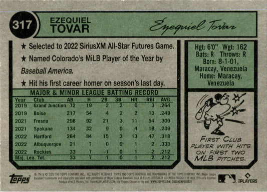 2023 Topps Heritage #317 Ezeuiel Tovar Colorado Rockies