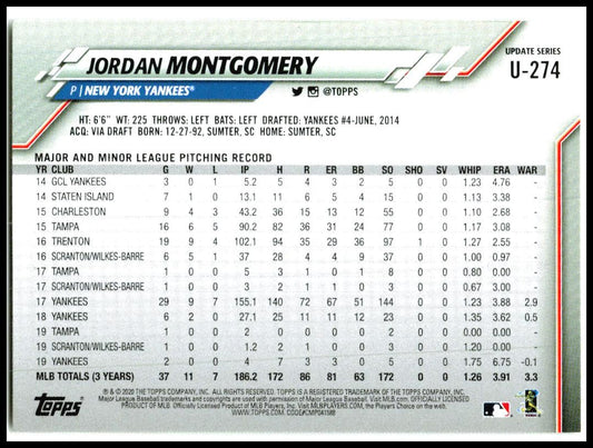 2020 Topps Update #U-274 Jordan Montgomery New York Yankees