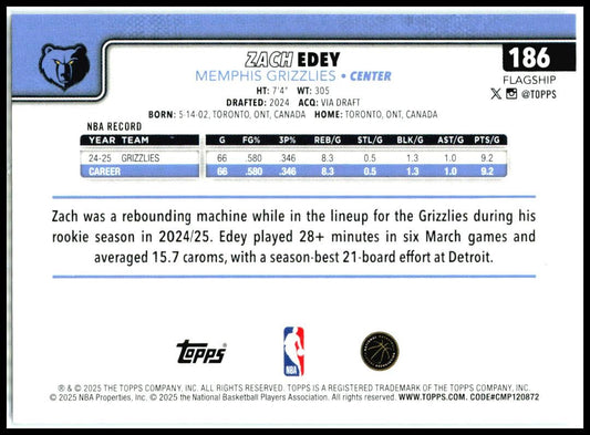 2025-26 Topps Sandglitter #186 Zach Edey Memphis Grizzlies