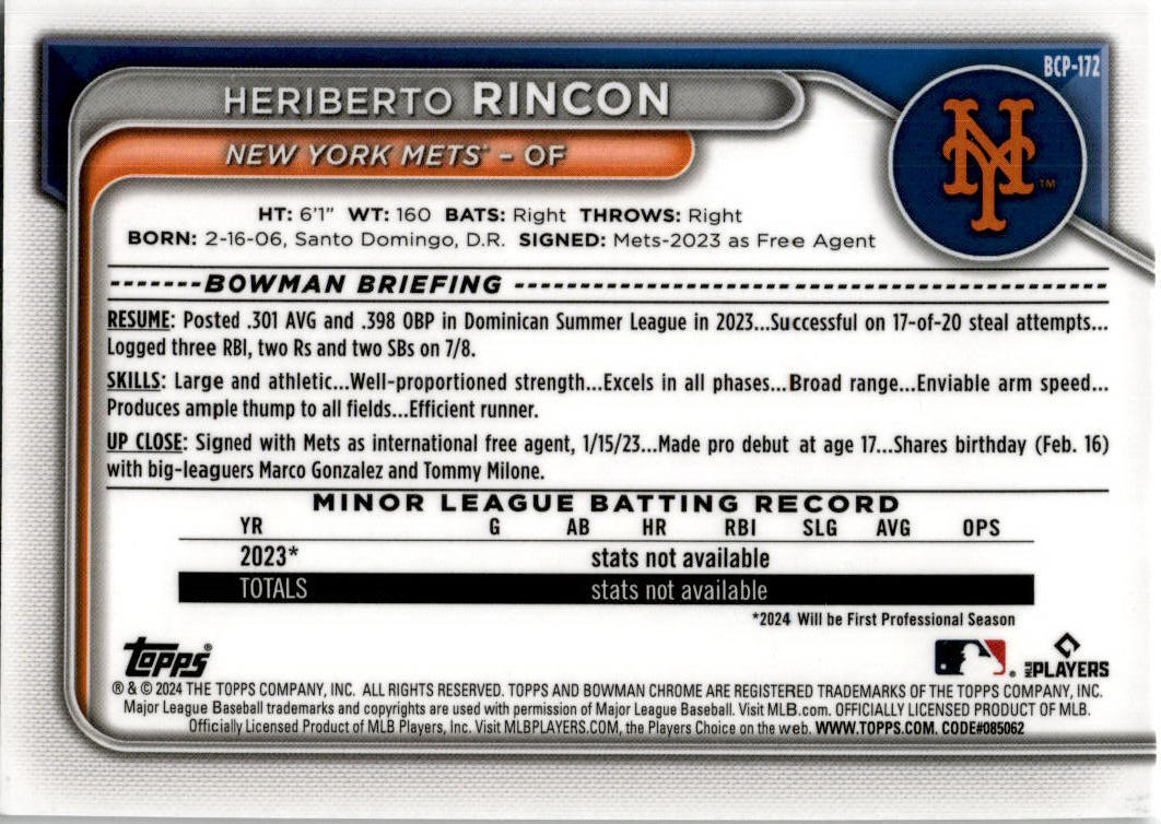 2024 BOWMAN CHROME #BCP-172 Heriberto Rincon New York Mets