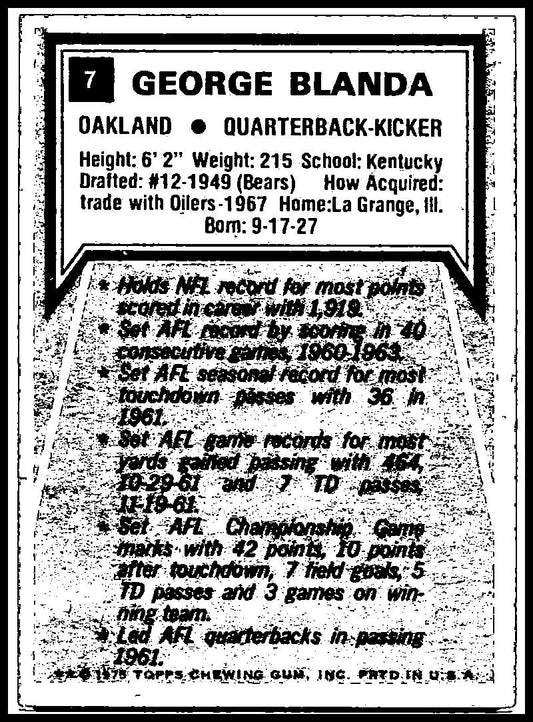 1975 Topps #7 George Blanda Oakland Raiders