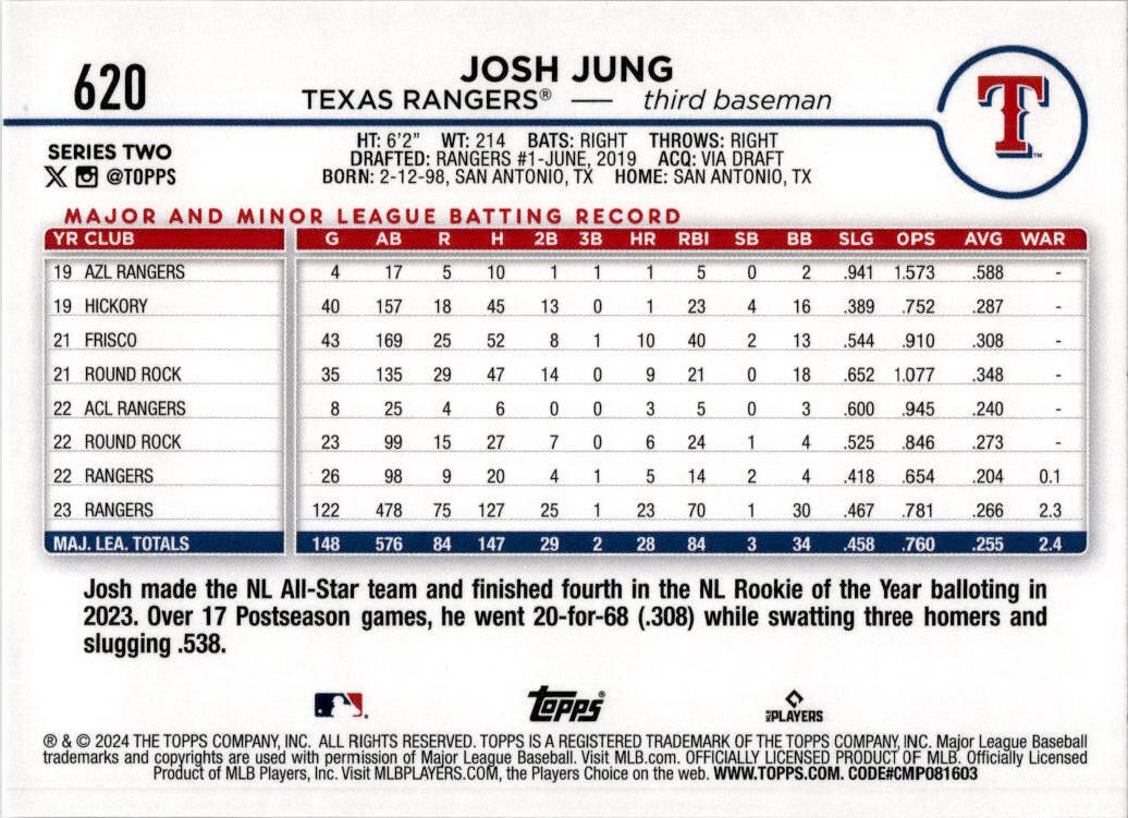2024 Topps Summer Holiday #620 Josh Jung Texas Rangers