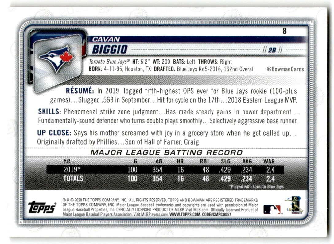 2020 Bowman Gold Parallel Cavan Biggio 32/50 Toronto Blue Jays #8