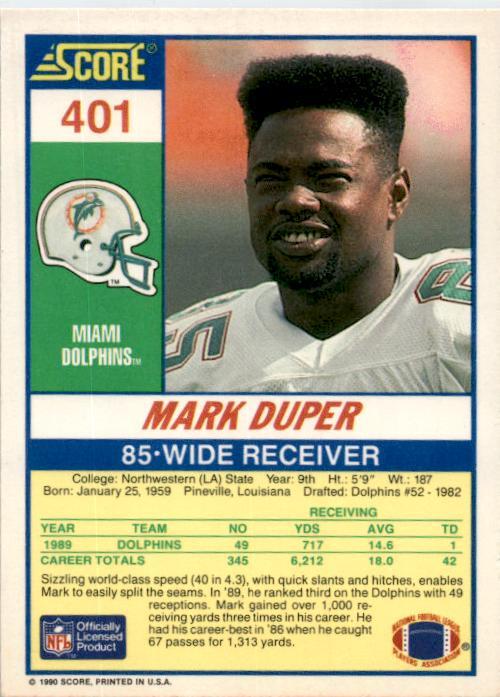 1990 Score #401 Mark Duper Miami Dolphins