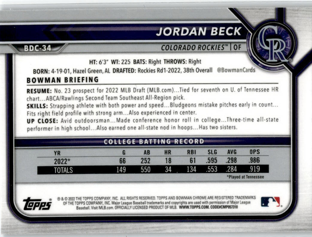 2022 Bowman Draft Chrome Sky Blue Refractor #BDC-34 Jordan Beck Colorado Rockies
