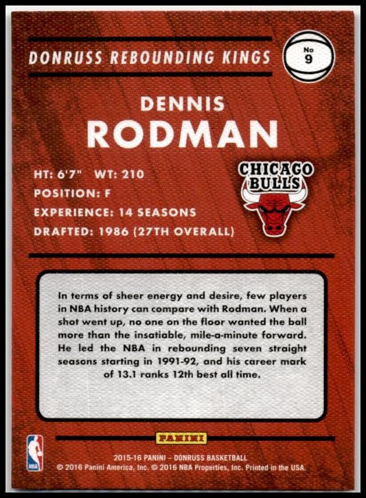 2015-16 Donruss Rebounding Kings #9 Dennis Rodman Chicago Bulls