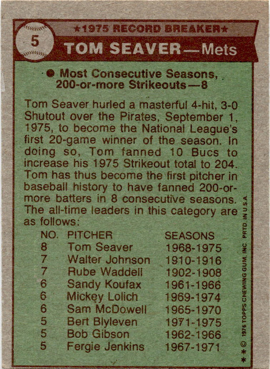 1976 Topps #5 Tom Seaver New York Mets