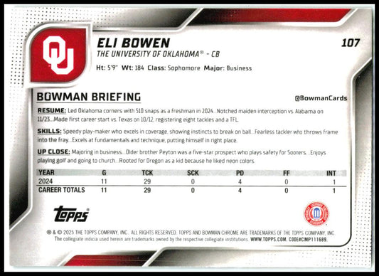 2025 Bowman University Chrome Teal Lava Refractor #107 Eli Bowen Oklahoma