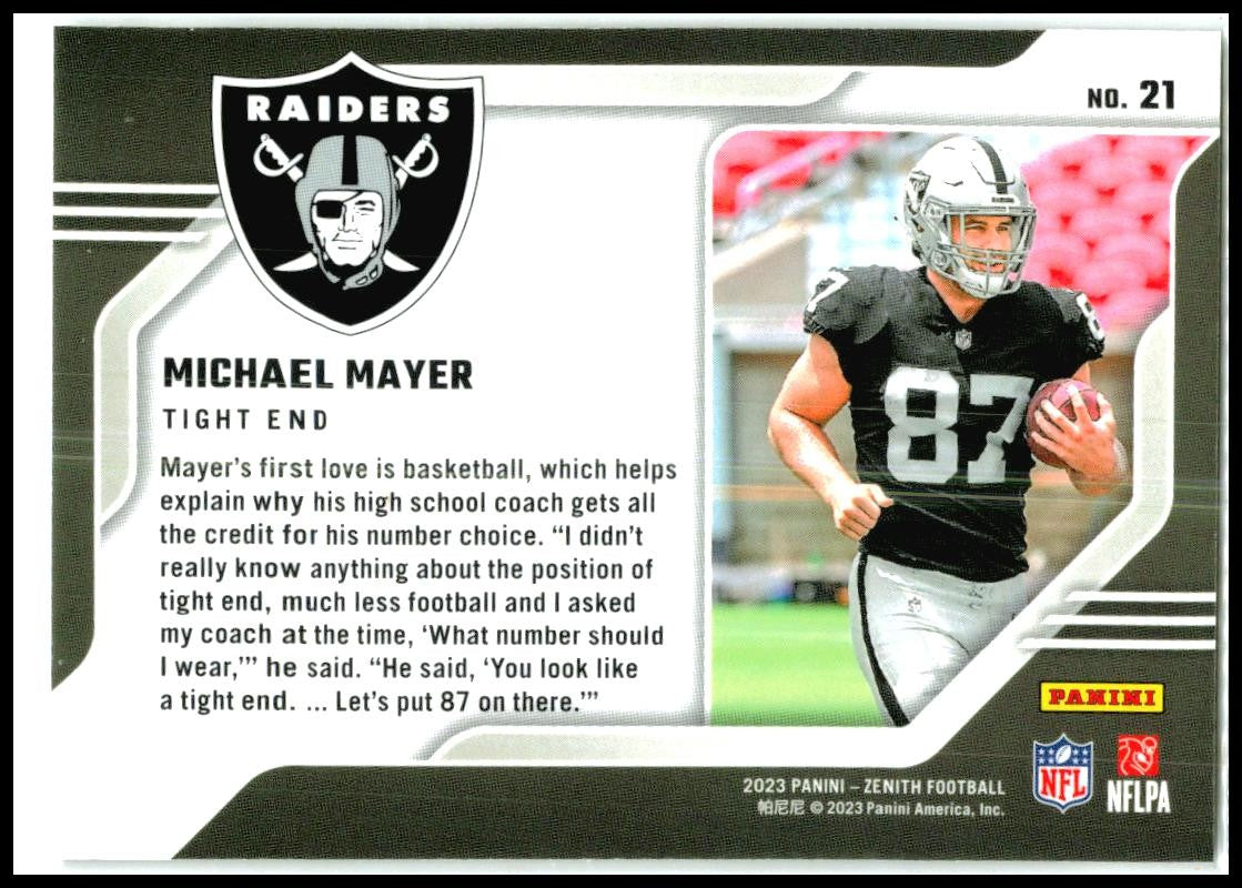 2023 Panini Zenith Behind the Numbers #21 Michael Mayer Las Vegas Raiders