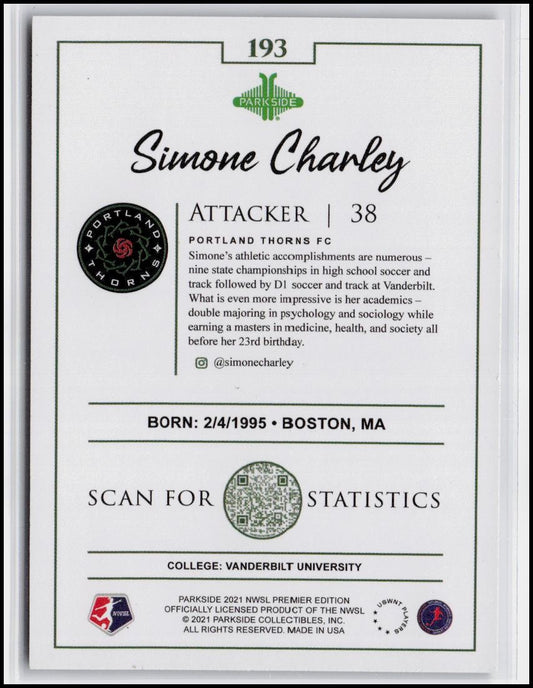 2021 Parkside NWSL Premier Edition #193 Simone Charley Black and White