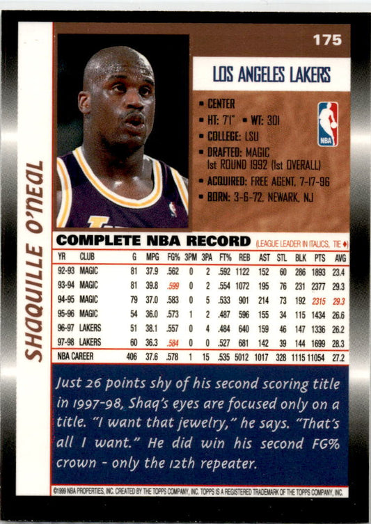 1998-99 Topps #175 Shaquille O'Neal Los Angeles Lakers