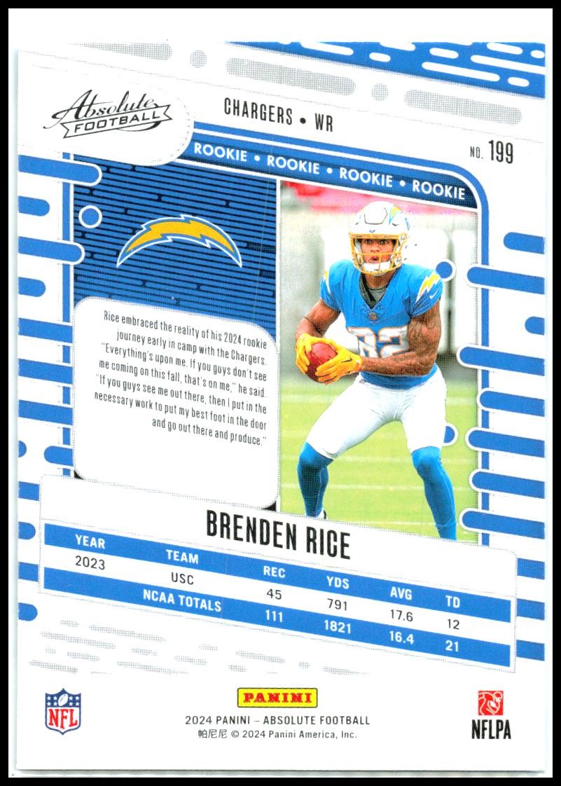2024 Panini Absolute Retail #199 Brenden Rice Rookie Los Angeles Chargers