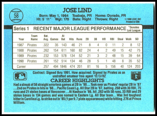 1991 Donruss #58 Jose Lind Pittsburgh Pirates
