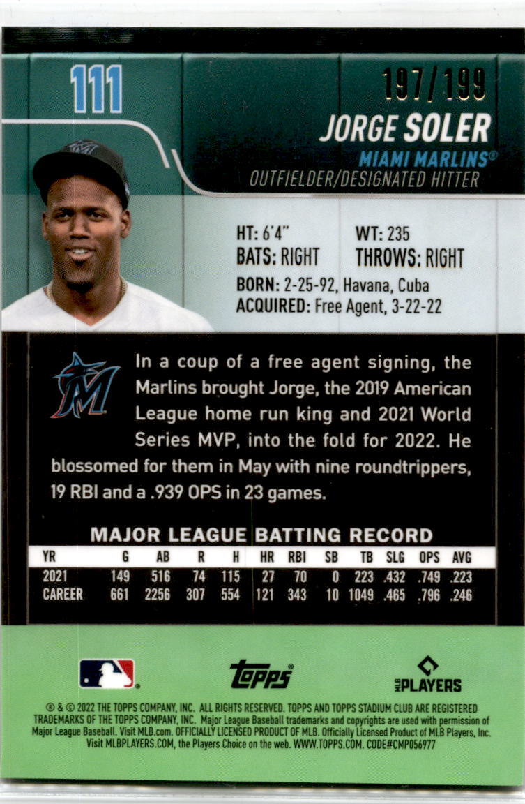 2022 Stadium Club Blue #111 Jorge Soler Miami Marlins /199