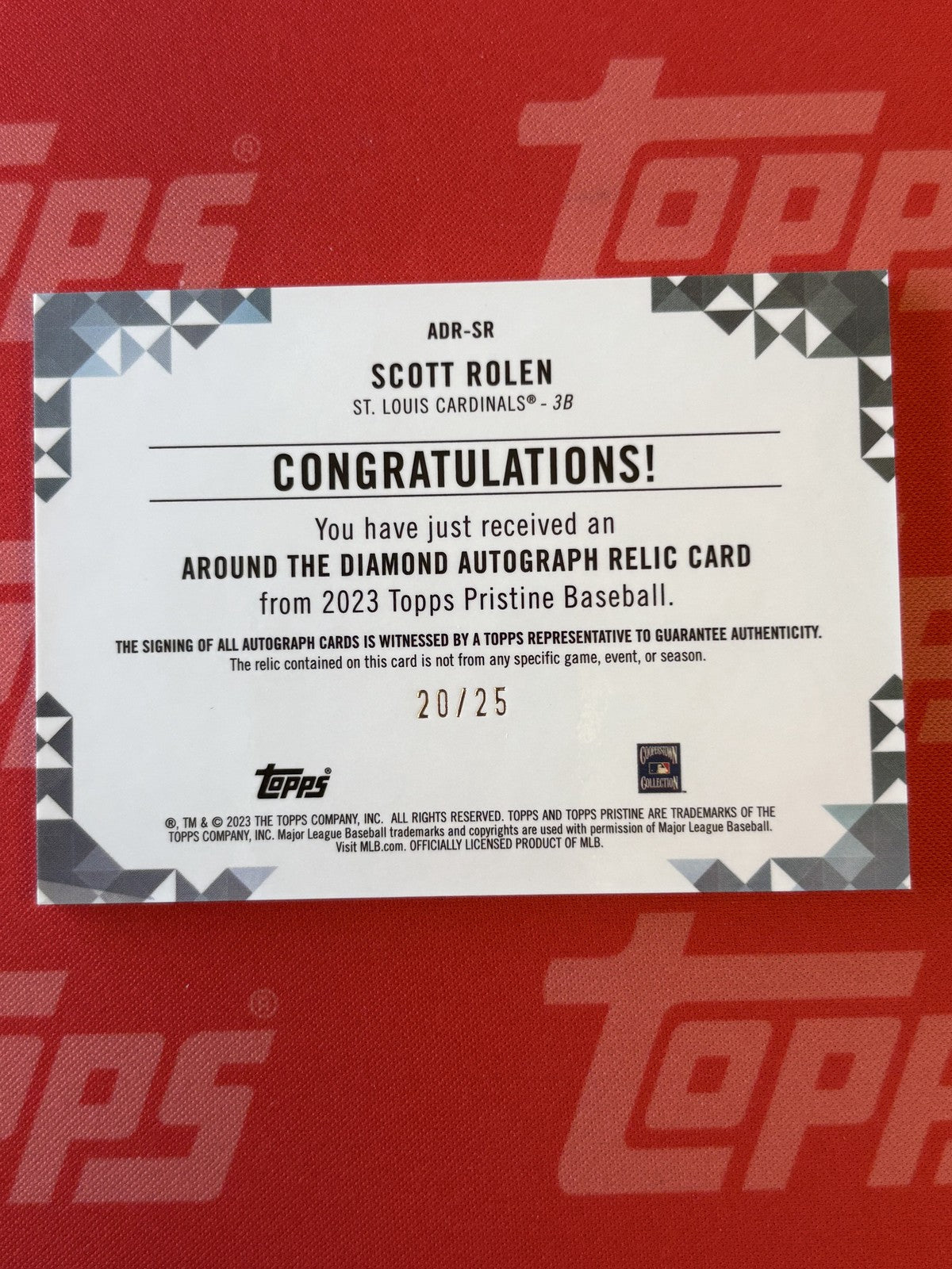 2023 Topps Pristine Around The Diamond Auto Relic Orange # Scott Rolen Auto