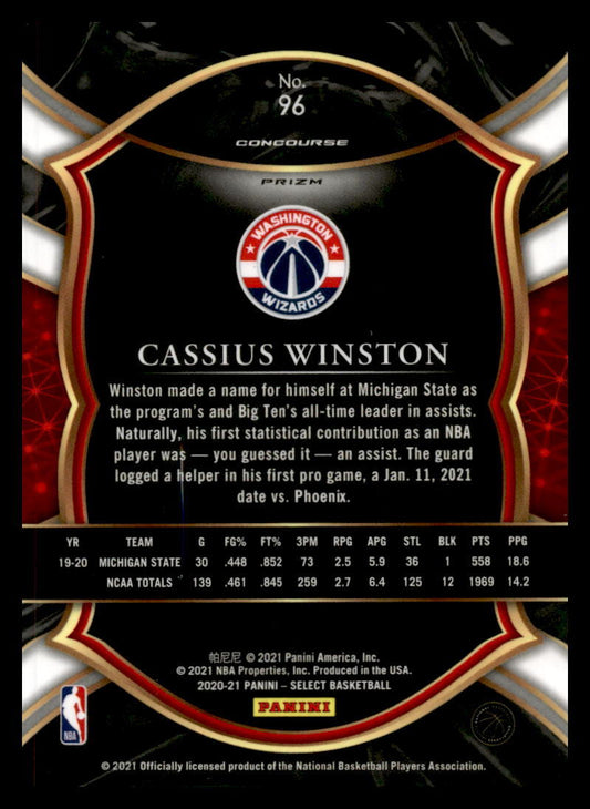 2021 Panini Select Blue #96 Cassius Winston Rookie Washington Wizards