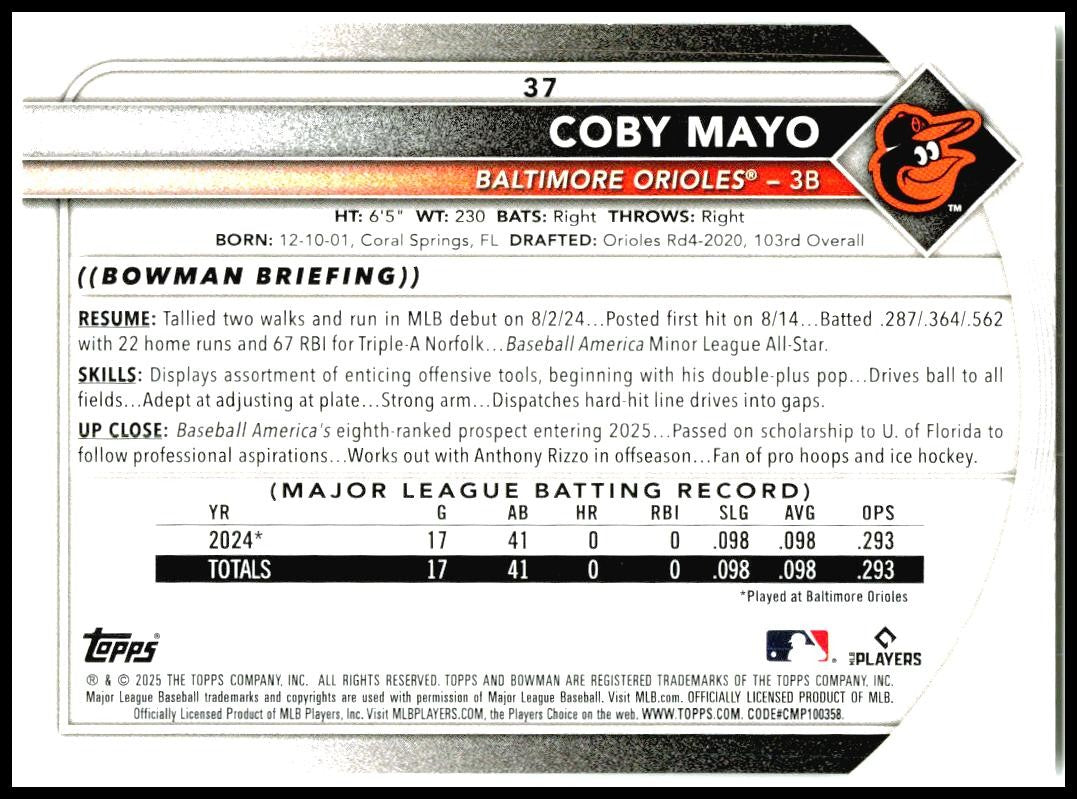 2025 Bowman #37 Coby Mayo Rookie Baltimore Orioles