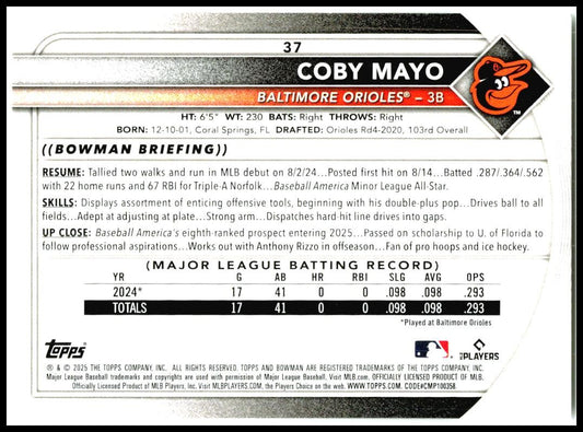 2025 Bowman #37 Coby Mayo Rookie Baltimore Orioles
