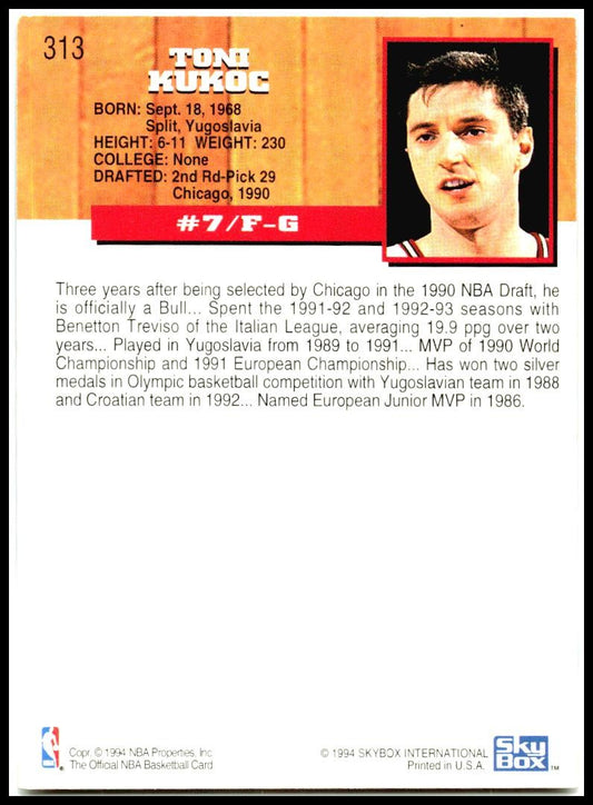 1993-94 Hoops #313 Toni Kukoc Rookie Chicago Bulls