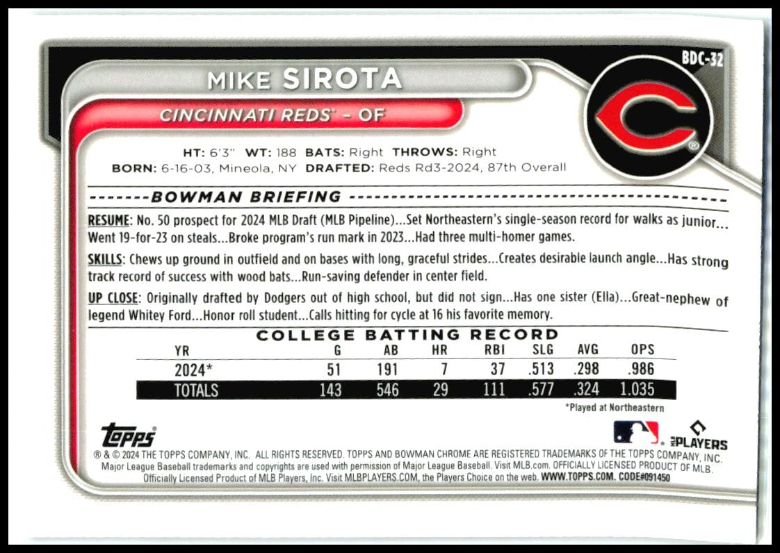 2024 Bowman Draft Chrome #BDC-32 Mike Sirota Cincinnati Reds