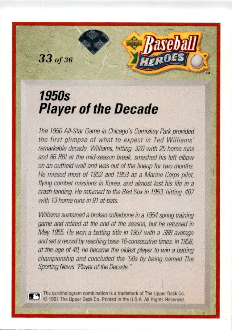 1992 Upper Deck Baseball Heroes: #33 Ted Williams Boston Red Sox