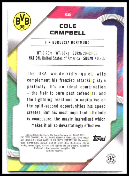 2024-25 Finest UEFA Club Competitions #58 Cole Campbell Sky Blue Refractor #/275