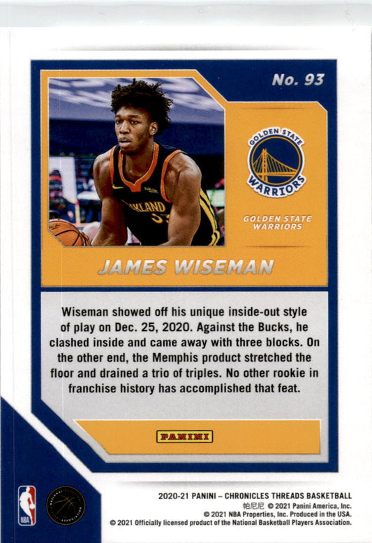 2020-21 Panini Chronicles Threads #93 James Wiseman RC Golden State Warriors