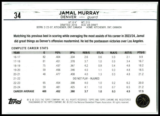 2024-25 Topps Chrome Gold Refractor #34 Jamal Murray #/50 Denver Nuggets