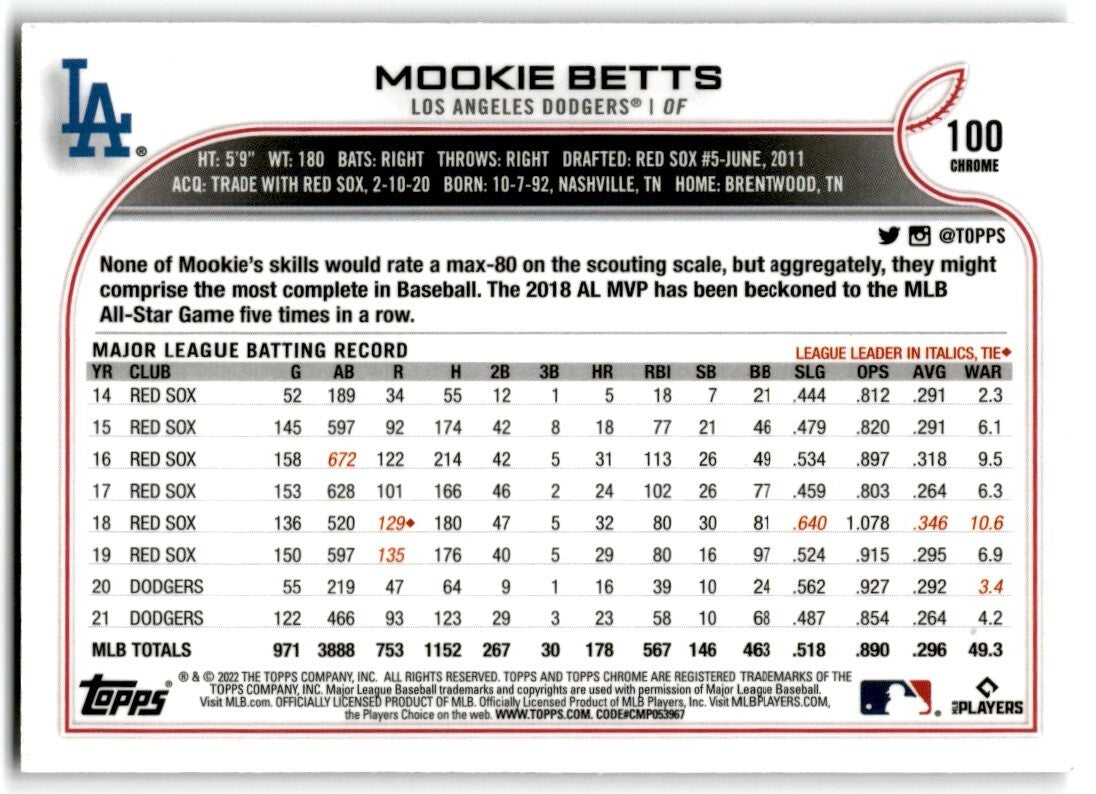 2022 Topps Chrome Mookie Betts Los Angeles Dodgers #100