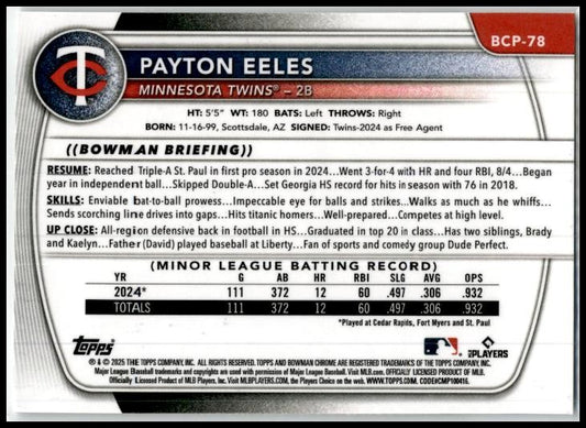 2025 Bowman Chrome Prospects #BCP-78 Payton Eeles Minnesota Twins