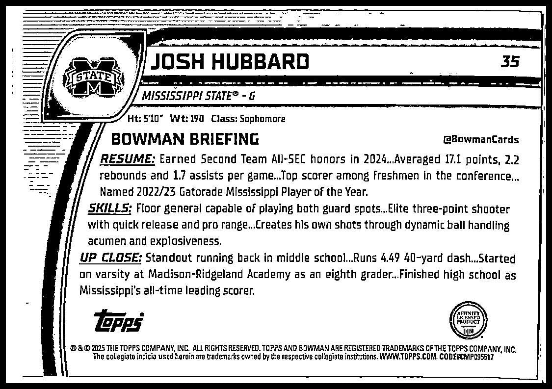 2024-25 Bowman University Chrome Black Wave Refractor #35 Josh Hubbard Bulldog