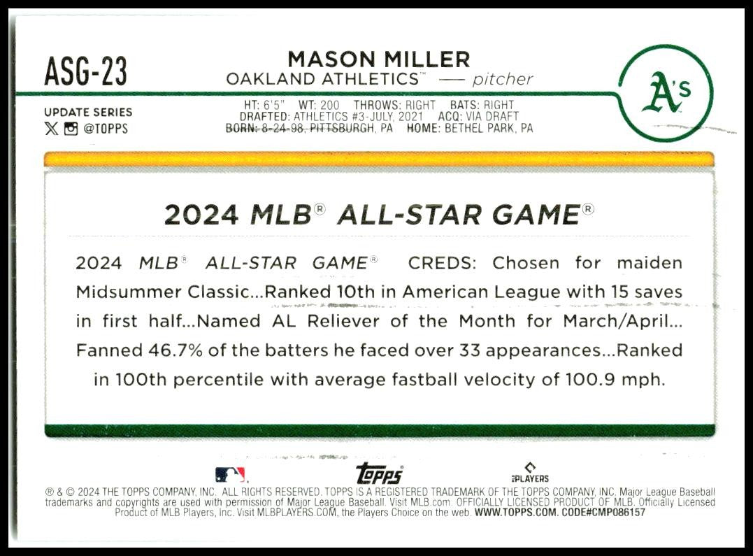 2024 Topps Update #ASG-23 Mason Miller Oakland Athletics