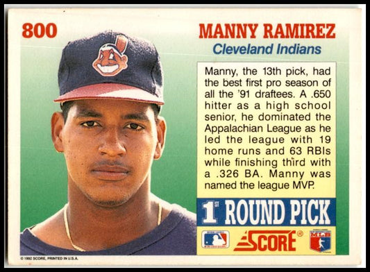 1992 Score #800 Manny Ramirez Rookie Cleveland Indians