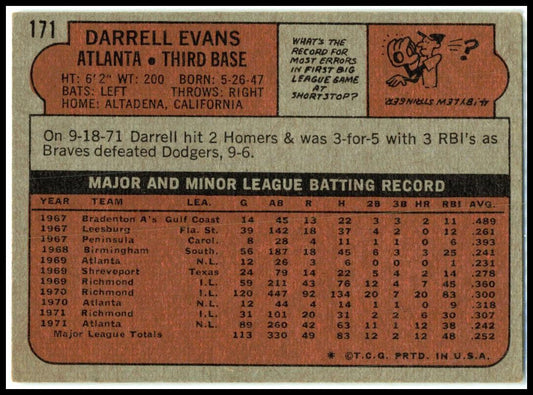 1972 Topps #171 Darrell Evans Atlanta Braves