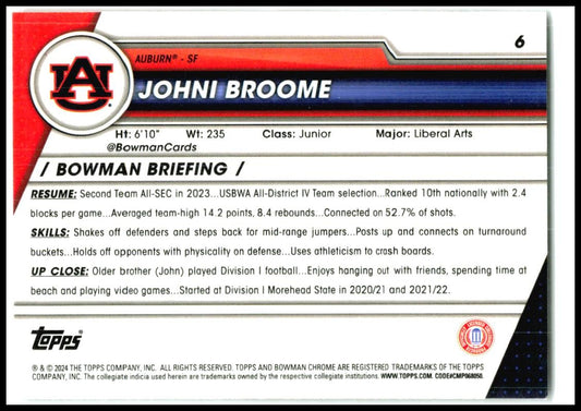 2023-24 Bowman University Chrome #6 Johni Broome Auburn Tigers